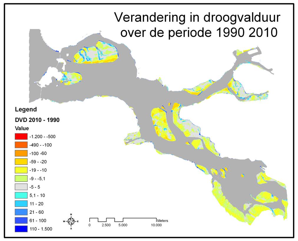 Figuur 2.4: Veranderingen in droogvalduur in % over de periode 1990 2010.