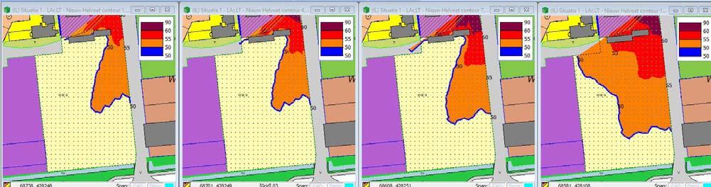 3 Resultaten van berekeningen 3.1 Situatie 1 In deze situatie zijn de walwoningen 9 meter hoog. De schermen bij Helvoet (op het terrein en langs de terreingrens zijn niet meegenomen).