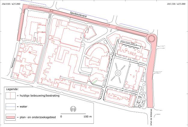 Het te graven leidingtracé loopt vanuit het midden van de Johan de Wittstraat in het oosten in noordelijke richting en dan via de Spuiboulevard tot aan de hoek