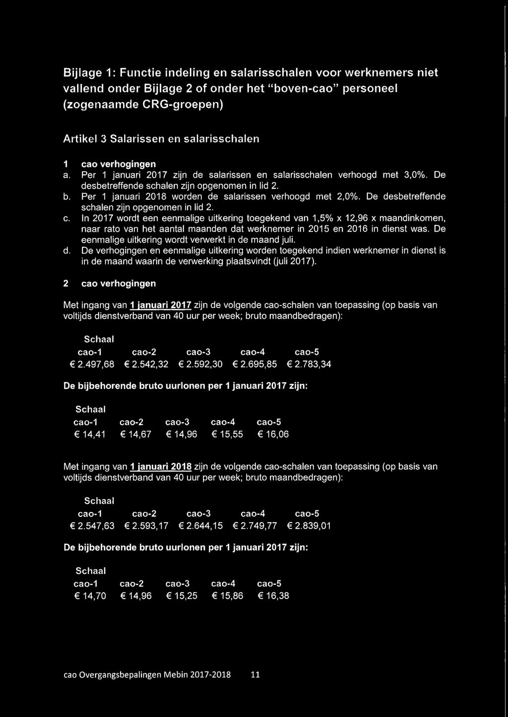 Per 1 januari 2018 worden de salarissen verhoogd met 2,0%. De desbetreffende schalen zijn opgenomen in lid 2. c.