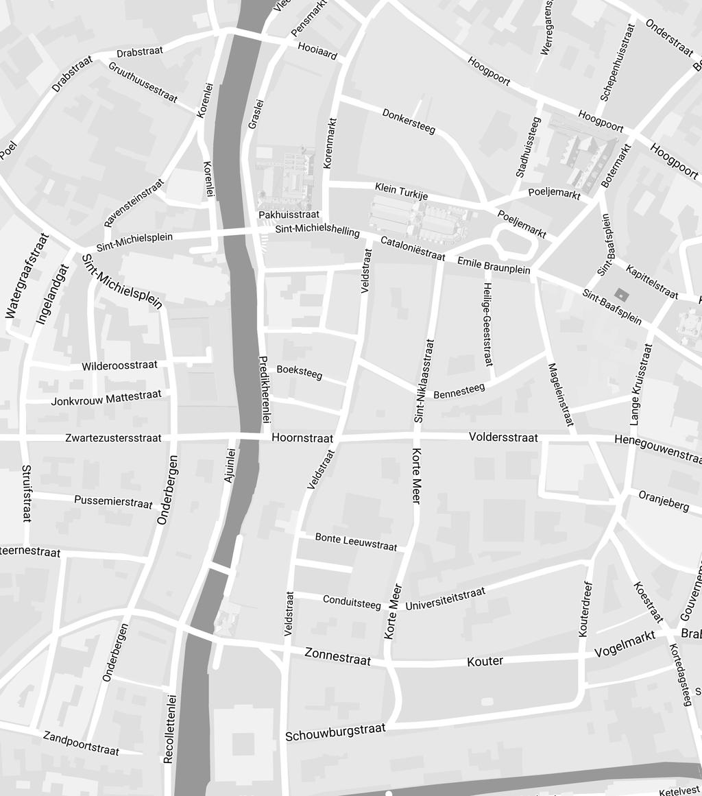 B A Map data 2017 Google Start op de Kouter, wandel over het plein naar de Zonnestraat in het noordwesten. Steek de Leie over en sla rechtsaf in de Ajuinlei.
