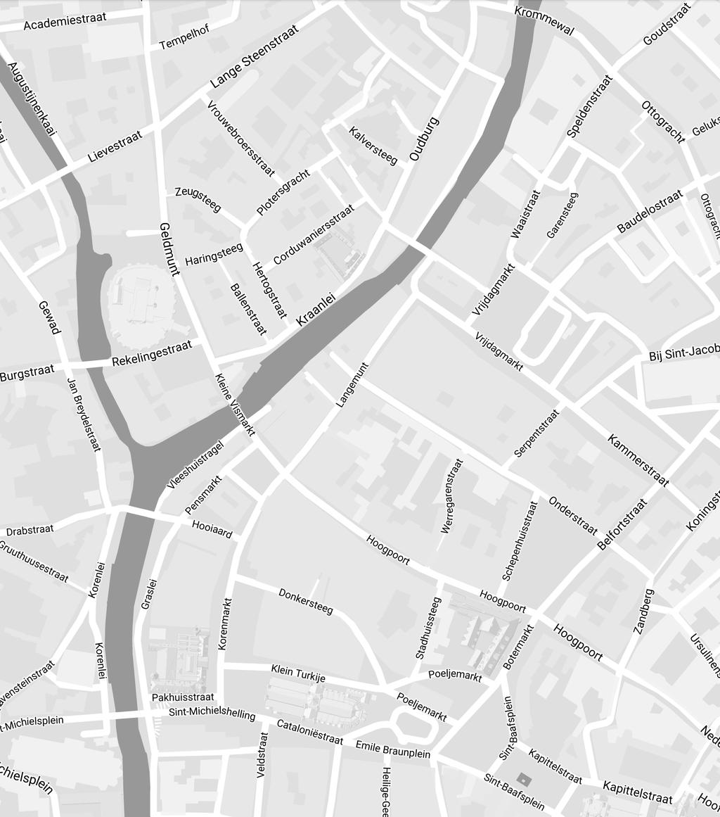 C B Map data 2017 Google Sla aan het einde van de Graslei linksaf over de Leie en onmiddellijk rechtsaf in de Jan Breydelstraat. Ga rechts in de Rekelingestraat en houd halt op het Sint-Veerleplein.