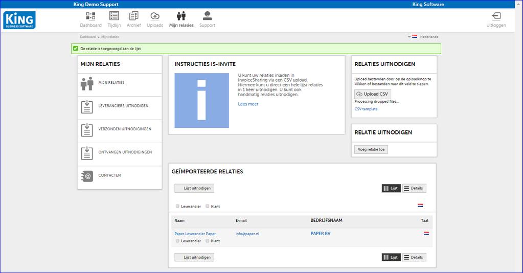 Klant is. Dan kiest u voor Lijst uitnodigen en de relatie krijgt een email met uw uitnodiging om voortaan digitale facturen te ontvangen (Klant) of aan u te versturen (Leverancier).