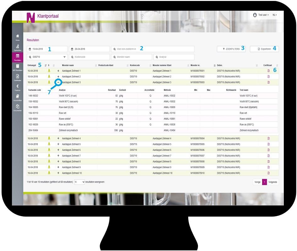 1. Datum selectie 2. Zoekfunctie 3. Zoekfilters 4. Exporteren 5. Sortering 6. Certificaat / Verwachte datum 7.