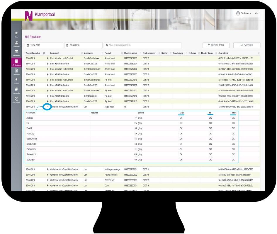 NIR Resultaten Alle resultaten van de NIR metingen die uitgevoerd worden via onze NutriControl NIR Portal zijn terug te vinden op het klantportaal en te exporteren naar Excel.