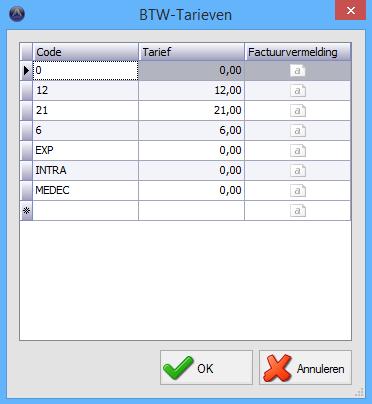 23 In de kolom "Code" geeft u de omschrijving van het percentage in. De code wordt in volgende stap gekoppeld aan enkele boekhoudrekeningen. In de kolom "Tarief" vult u het percentage in.