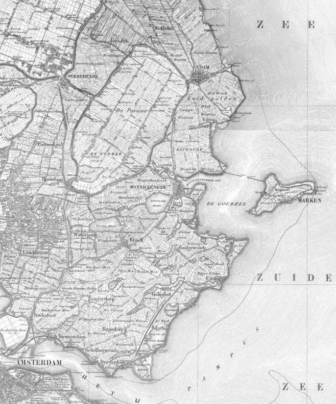 Waterland Provincie Noord-Holland Uitsnede historische kaart 850 (Topotijdreis) Uitsnede hoogtekaart (Actueel Hoogtebestand Nederland) ONTSTAANSGESCHIEDENIS Het veen in Waterland is ontstaan als