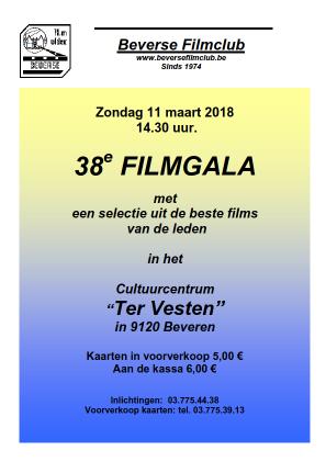38 ste Filmgala De 38 ste Filmgala van de Beverse Filmclub vindt plaats op zondag 11 maart in de grote schouwburgzaal van het CC Ter Vesten in 9120 Beveren. Aanvang 14:30 uur.
