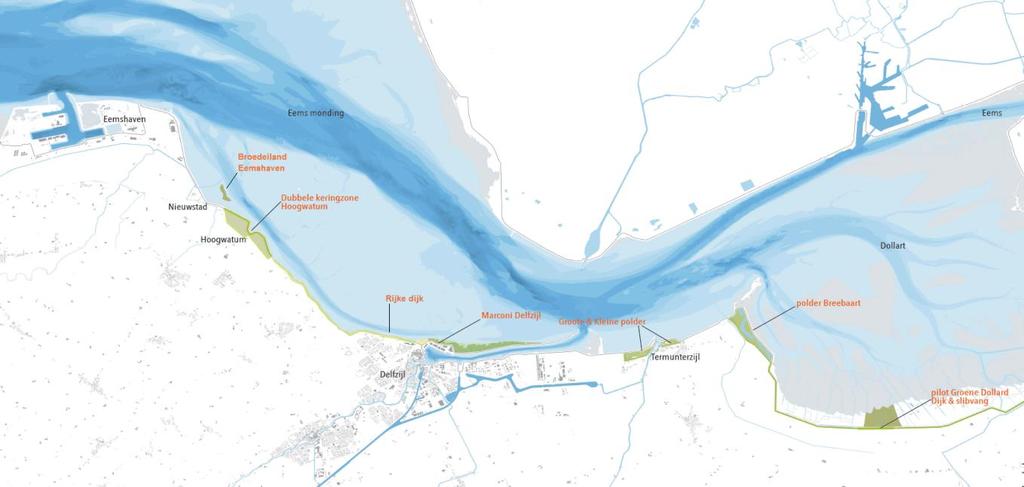 Broedeiland Eemshaven Dubbele dijk Rijke dijk Marconi buitendijks Grote en Kleine polder Polder Breebaart Brede groene dijk De pilots van Vitale Kust uit de eerste tranche vormen de aanzet voor het