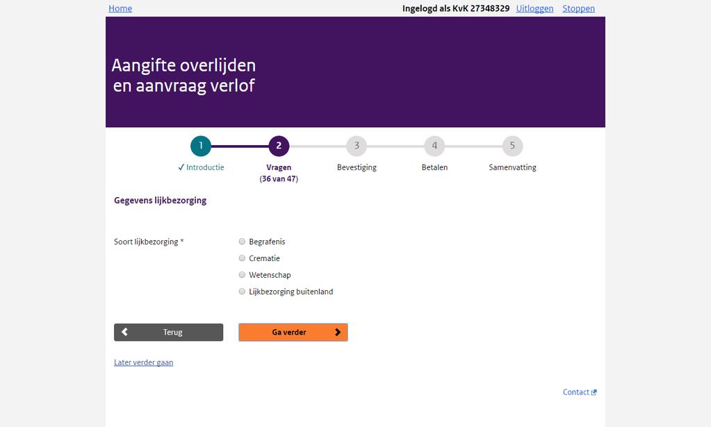 Stap 4. Gegevens lijkbezorging Verder wordt gevraagd naar de lijkbezorging. Eén van de vier opties moet worden gekozen. a.