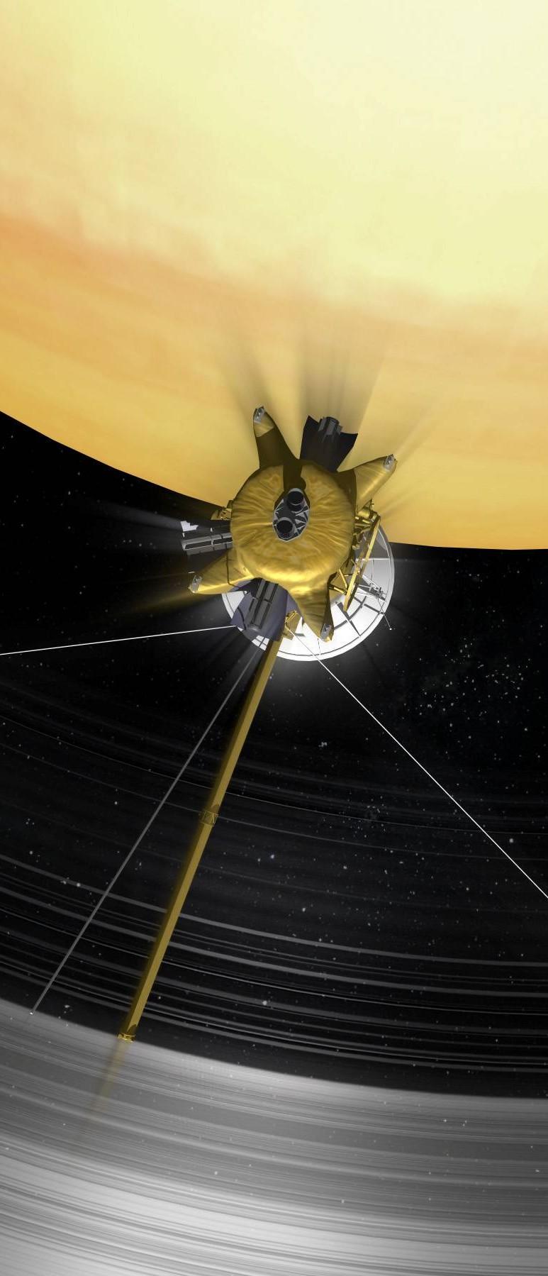 Tekening van de banen die Cassini nog om Saturnus gaat beschrijven Het Cassini-project werd in de jaren tachtig van de vorige eeuw bedacht.