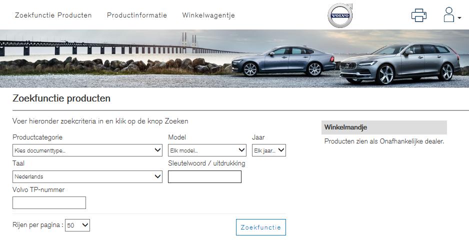 4 PRODUCTEN ZOEKEN Op pagina Producten zoeken kunt u zoeken naar beschikbare informatieproducten van Volvo Cars die u kunt kopen. Fig.