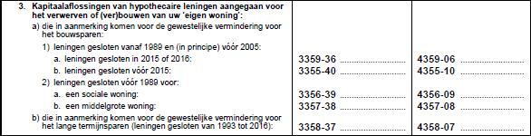 9.1.3. Kapitaalaflossingen van hypothecaire leningen aangegaan voor het verwerven of (ver)bouwen van uw eigen woning - Code 355 tot 359 Opgelet!