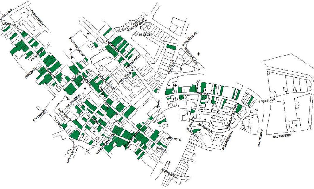 We kunnen ook in kaart brengen hoe de verdeling van het aantal zelfstandige winkeliers over de binnenstad uitvalt. Deze winkels zijn in de figuur 3.1 met groen weergegeven.