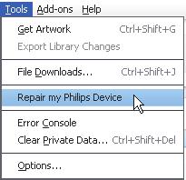 16 De speler via Philips Songbird repareren Tip Nadat u de speler hebt gerepareerd, worden de CD-ROM-partitie en het Philips Songbirdinstallatieprogramma van de speler verwijderd.
