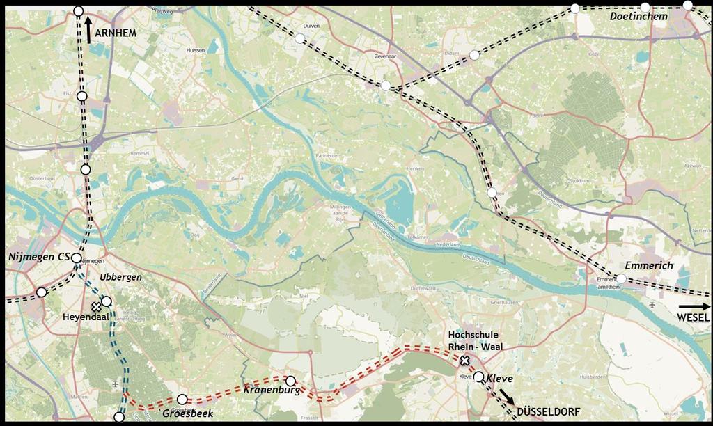 Figuur 2: Huidig (mogelijk te reactiveren) tracé van de spoorverbinding tussen Nijmegen en Kleve (in rood), de Maaslijn (in blauw) en