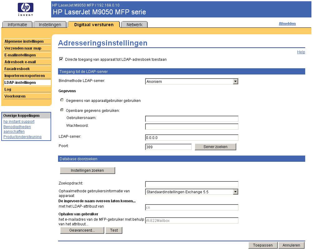 Adresseringsinstellingen OPMERKING: Het LDAP-protocol wordt doorgaans alleen gebruikt in e-mailomgevingen van bedrijven.
