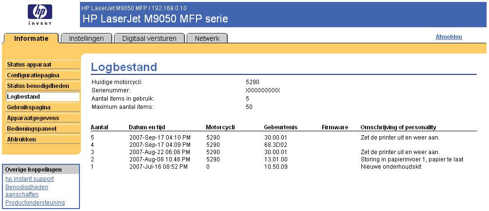 Gebeurtenislogboek Op het scherm Logbestand staan de meest recente apparaatgebeurtenissen, waaronder papierstoringen, verwerkingsfouten en andere printerfouten.