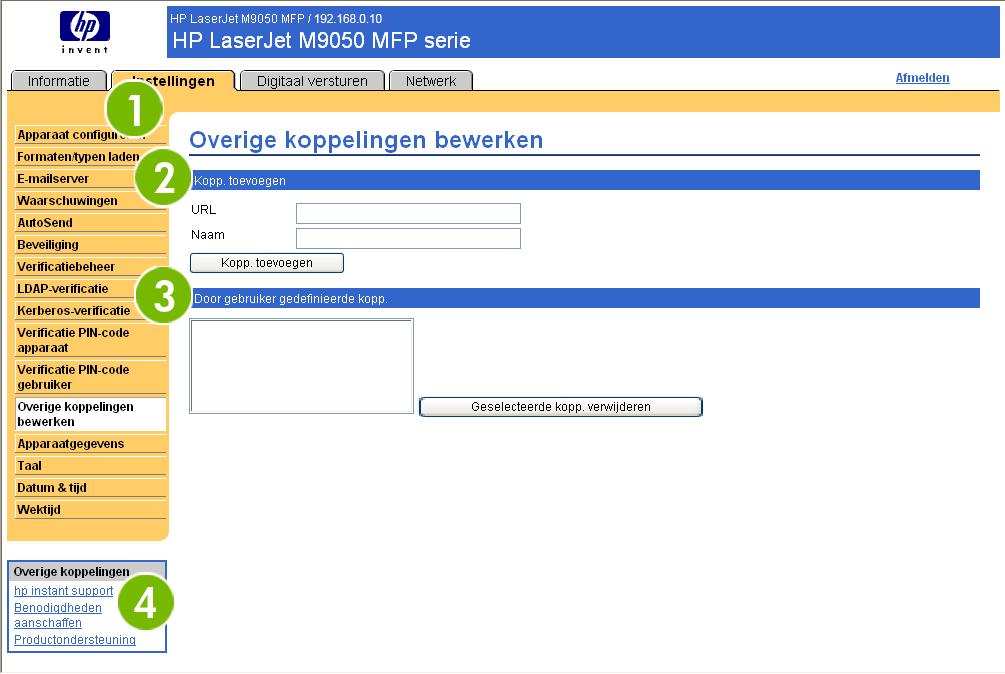 Overige koppelingen bewerken Gebruik het scherm Overige koppelingen bewerken om maximaal vijf koppelingen aan de gewenste websites toe te voegen of aan te passen (zie de volgende opmerking).