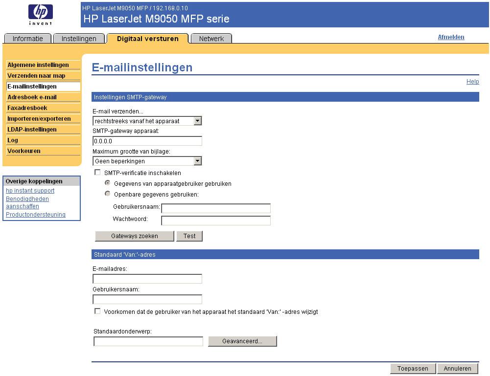 E-mailinstellingen Voor het product is een SMTP-gatewayserver (Simple Mail Transfer Protocol) nodig om e-mailberichten naar hun bestemmingen te kunnen versturen.