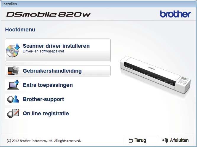 DS-820W DS-820W Voor geruikers vn Windows Stuurprogrmm-instlltie Plts de dvd-rom. Klik op Scnner driver instlleren en volg de nwijzingen op het scherm ls het Hoofdmenu wordt weergegeven.