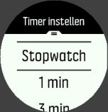 Afteltimer Druk in de horlogeweergave op de onderste knop om het sneltoetsmenu te openen. Van daaruit kunt u een vooraf ingestelde afteltijd selecteren of een aangepaste afteltijd aanmaken.
