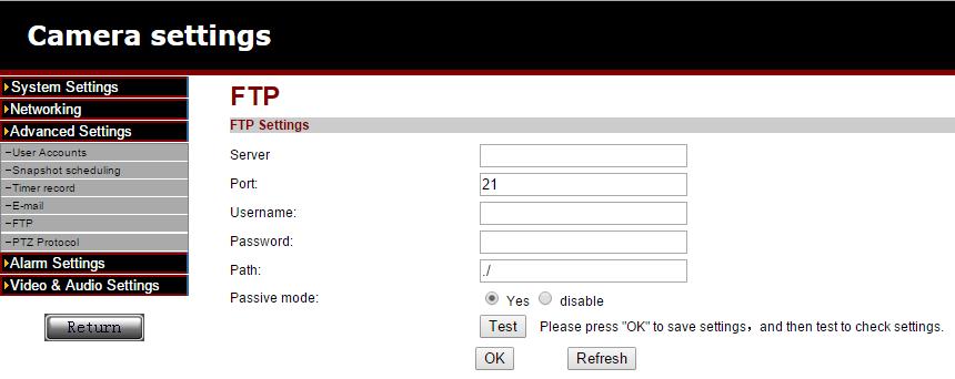 opties: FTP service settings en Maintenance. 6.3 FTP instellingen Hier kun je een ftp-server instellen.