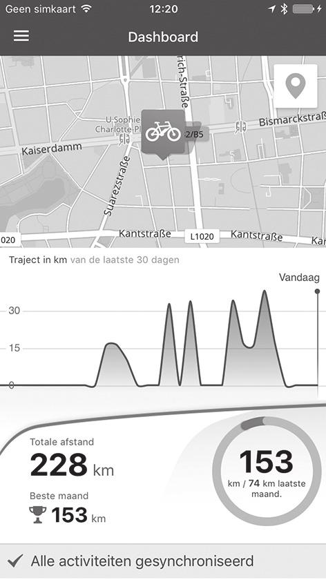 Nederlands 46 Menupunt Dashboard Onder dit menupunt worden de actuele locatie van de fiets op een kaart, de