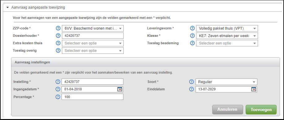 1. Kies allereerst voor de optie Aanvraag aangepaste toewijzing. 2. Vul de gegevens in die gewijzigd dienen te worden.