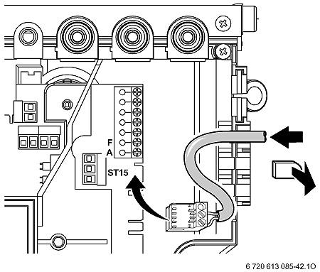 De kabeldoorvoer afsnijden volgens de kabeldikte. De opening nooit groter maken dan de kabeldikte, zoniet is de ketel niet meer spatwaterbeveiligd. Fig. 24