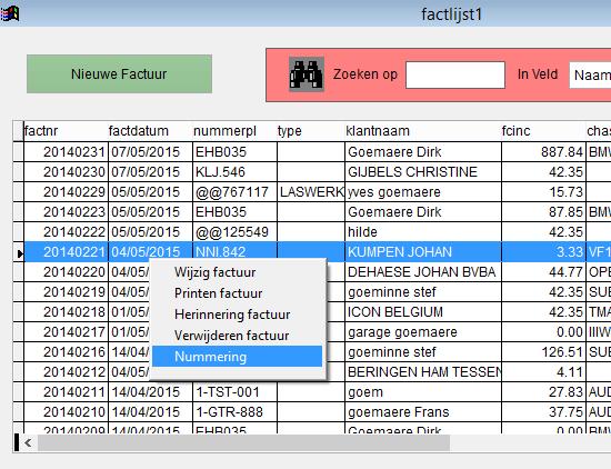 Beheer van de facturen Door op de rechtermuisklik kan men de factuur: Wijzigen (gewoon enteren of linkermuisklik) Afprinten Herinneringen voor