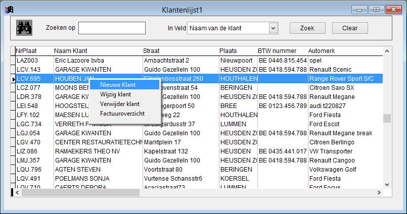 Klanten beheer Door op de rechtermuisklik te drukken in de lijst kan men een aantal bewerkingen