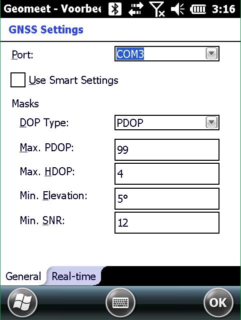 Selecteer bij Port het COM-poort nummer, zoals ingesteld tijdens het maken van de bluetooth koppeling. Klik op Real-time. Selecteer bij Source Type, Internet. Klik op het sleuteltje.