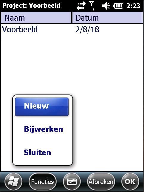 2.2 Project aanmaken In het Projecten menu worden alle GeomeetV3 projecten op het veldboek weergegeven. Een project kan geselecteerd worden door deze aan te klikken en vervolgens op OK te klikken.