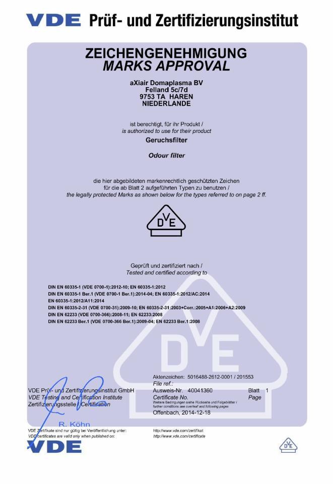 Certificaat DomaplasmaNG Type 512/662/912 modellen Technische gegevens van het Domaplasma-IQS model DOMAPLASMA-IQS 650 Domaplasma unit, Zelfstandig AAN/UIT schakelend DP-unit 660x390x98mm Sokkel- c.q.