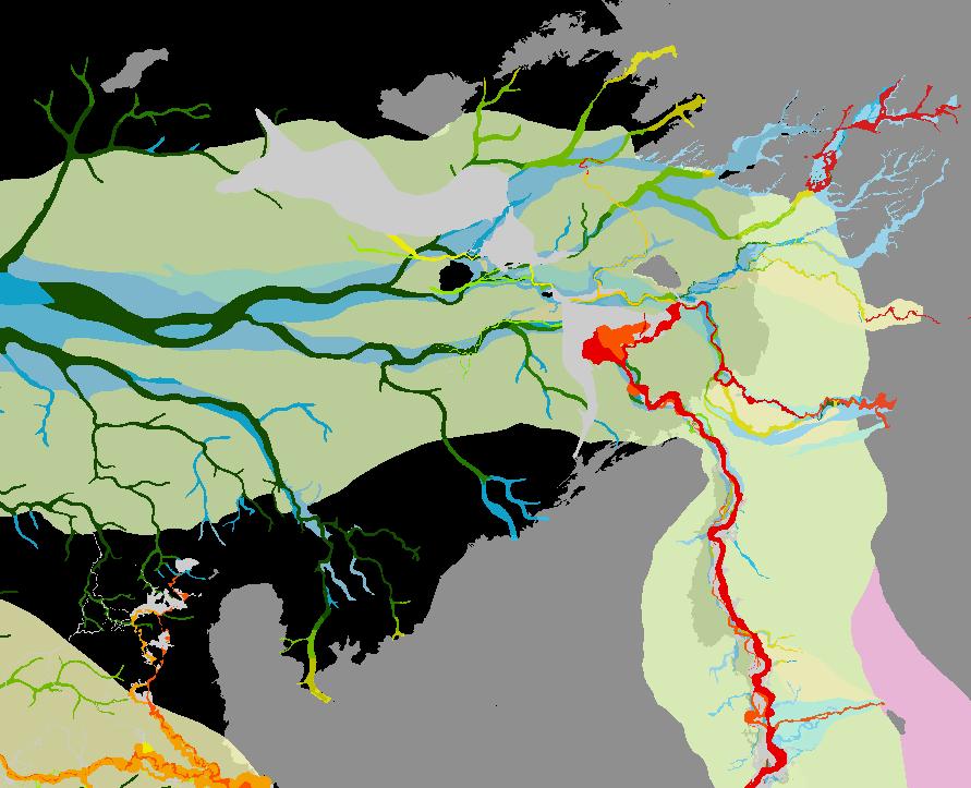 2012), einde sedimentaire activiteit: rood oranje geel licht/donkergroen donkerblauw lichtblauw bleekgeel // bleekroze Heden Laat Holoceen Midden Holoceen Vroeg Holoceen Laatglaciaal Pleniglaciaal