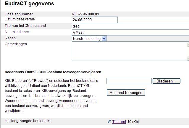 Het nieuwe EudraCT AF wordt door het klikken op Bestand toevoegen aan uw dossier toegevoegd. Het oude EudraCT AF wordt hierdoor verwijderd.