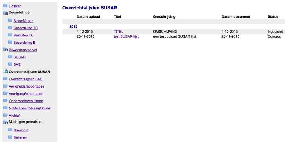 de overzichtslijst SUSAR nog aangepast worden, zo kunt u bijvoorbeeld