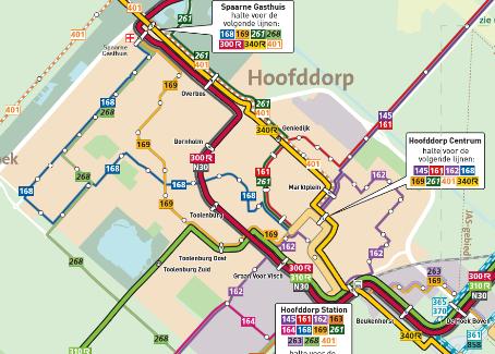 Deze bedient in Hoofddorp minder halten, maar bedient aanvullend Schiphol en Amsterdam Zuid. Lijn 341 rijdt veel meer ritten dan lijn 168 en 268 samen.