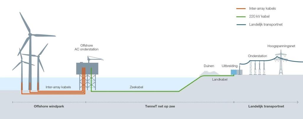 Figuur 2 Schematische weergave van concept van een net op zee Het net op zee zal bestaan uit drie delen die de windenergiegebieden Borssele, Hollandse Kust (zuid) en Hollandse Kust (noord) verbinden