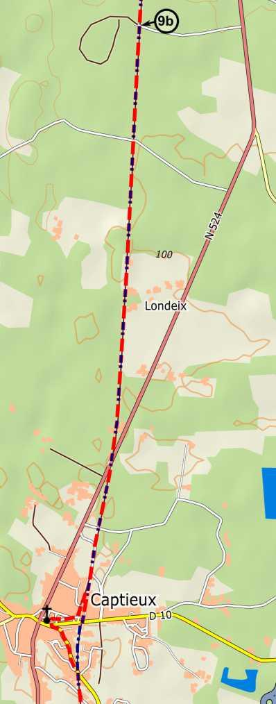 8 Neem rechts het aarden weggetje richting gebouwen, laat het station van Captieux links