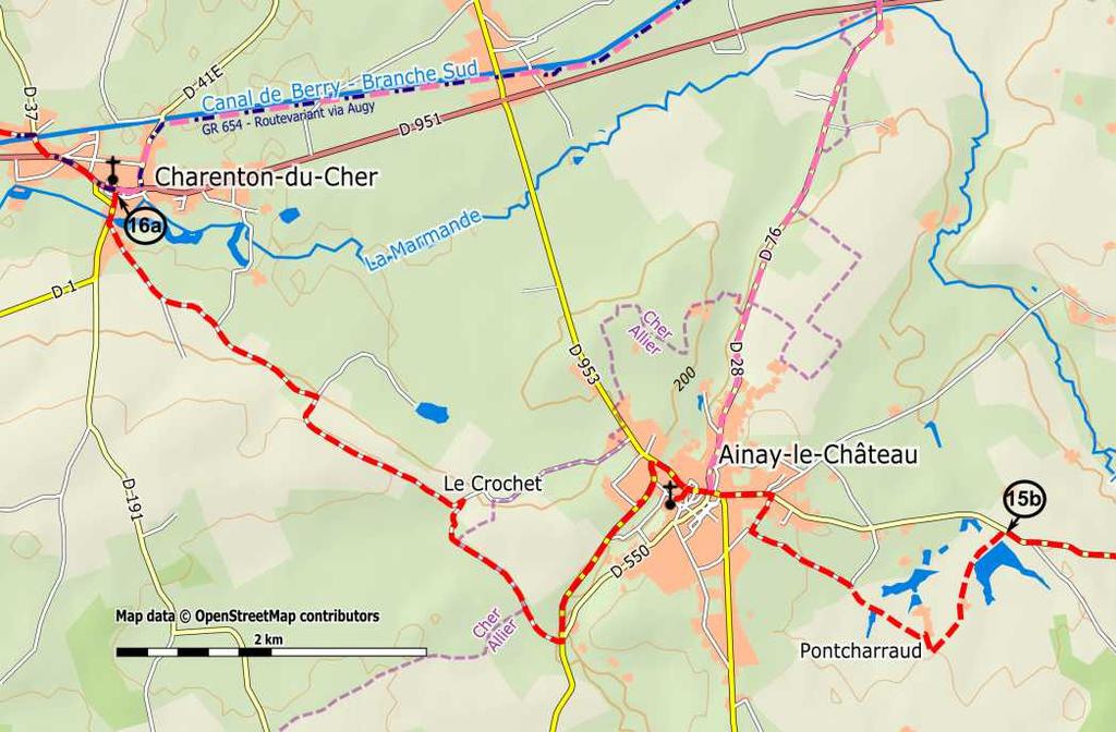 Km 77.4 Na een bocht rechts, afdalen via de Route de la Besace: linksaf en verder rechtdoor tot Charenton. Km 79.