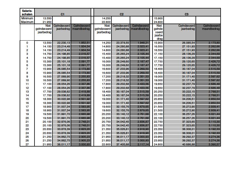 11 Salarisschaal C1-C3 De geïndexeerde bedragen hierboven zijn aan index 164,06. Opgelet: alle bedragen hierboven zijn voor een voltijdse tewerkstelling, dus je moet alles delen door twee.