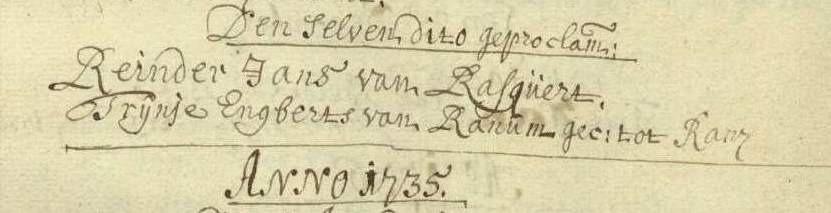 De vermelding van het huwelijk van Reinder Jans en Trijnje Engberts op 14 november 1734.
