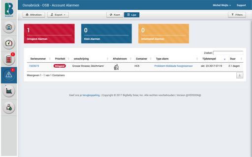 Gebruikers kunnen de Kaartweergave en de Lijstweergave gebruiken. Er zijn drie verschillende type alarmen: Dringend: Hier dient direct actie ndernmen te wrden.