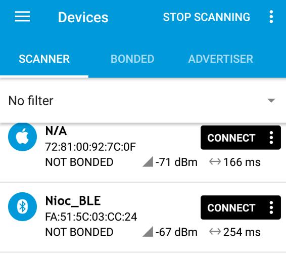 Start nu de NRF-Connect app op je smartphone. Zodra je op Scan drukt wordt het bord gedetecteerd met de naam Nioc_BLE.