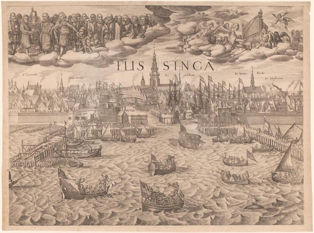 Nederlandse Genealogische Vereniging Afdeling Zeeland ZI-II-1142c Profiel van de stad Vlissingen, van de zeezijde met de aankomst van keurvorst Frederik