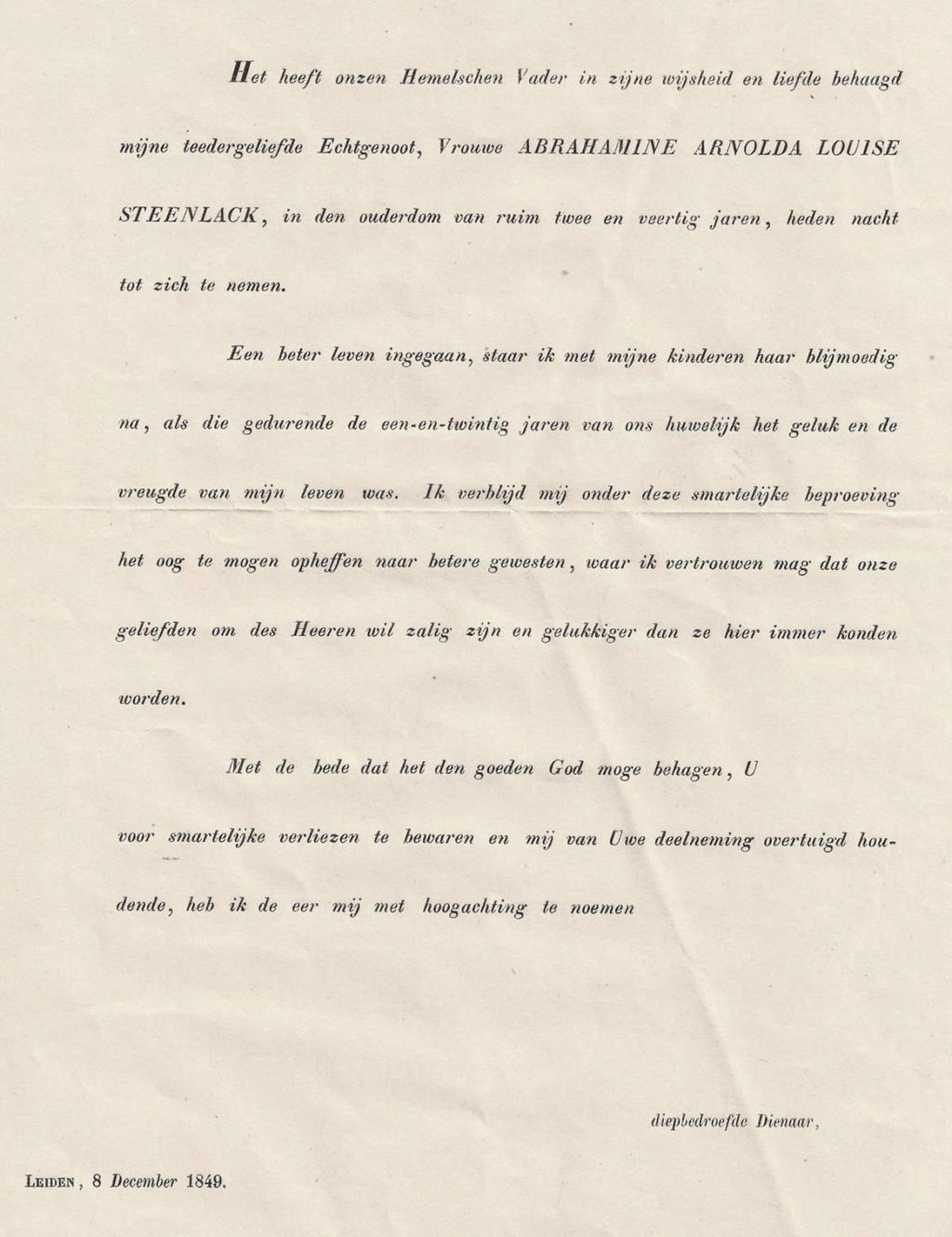 Overlijdensbericht Abrahamine Arnolda Louise Steenlack Overlijden Pieter Glaudius Op 20 september 1874, bijna zeventig jaar oud,