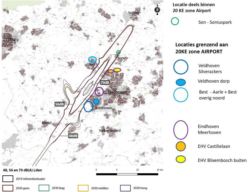 Figuur 20 Geplande en in voorbereiding zijnde woningbouwlocaties ten opzichte van de Lden geluidbelasting (civiel plus militair verkeer).