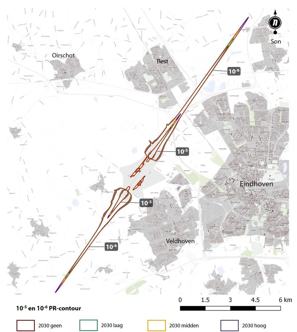 Figuur 23 10-5 en 10-6 referentiesituatie (2019) - civiel plus militair verkeer. van de contouren, alleen zijn de contouren groter.